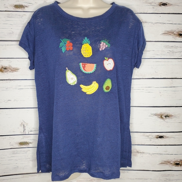 Anthropologie Tops - Anthropologie Blue Top Medium Linen Fruit Banana